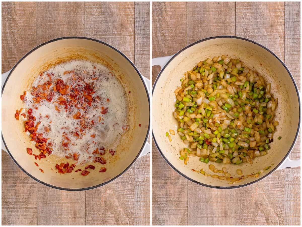 collage of two photos: pieces of bacon cooking in a dutch oven; bacon removed and celery and onion cooking in the bacon drippings. 