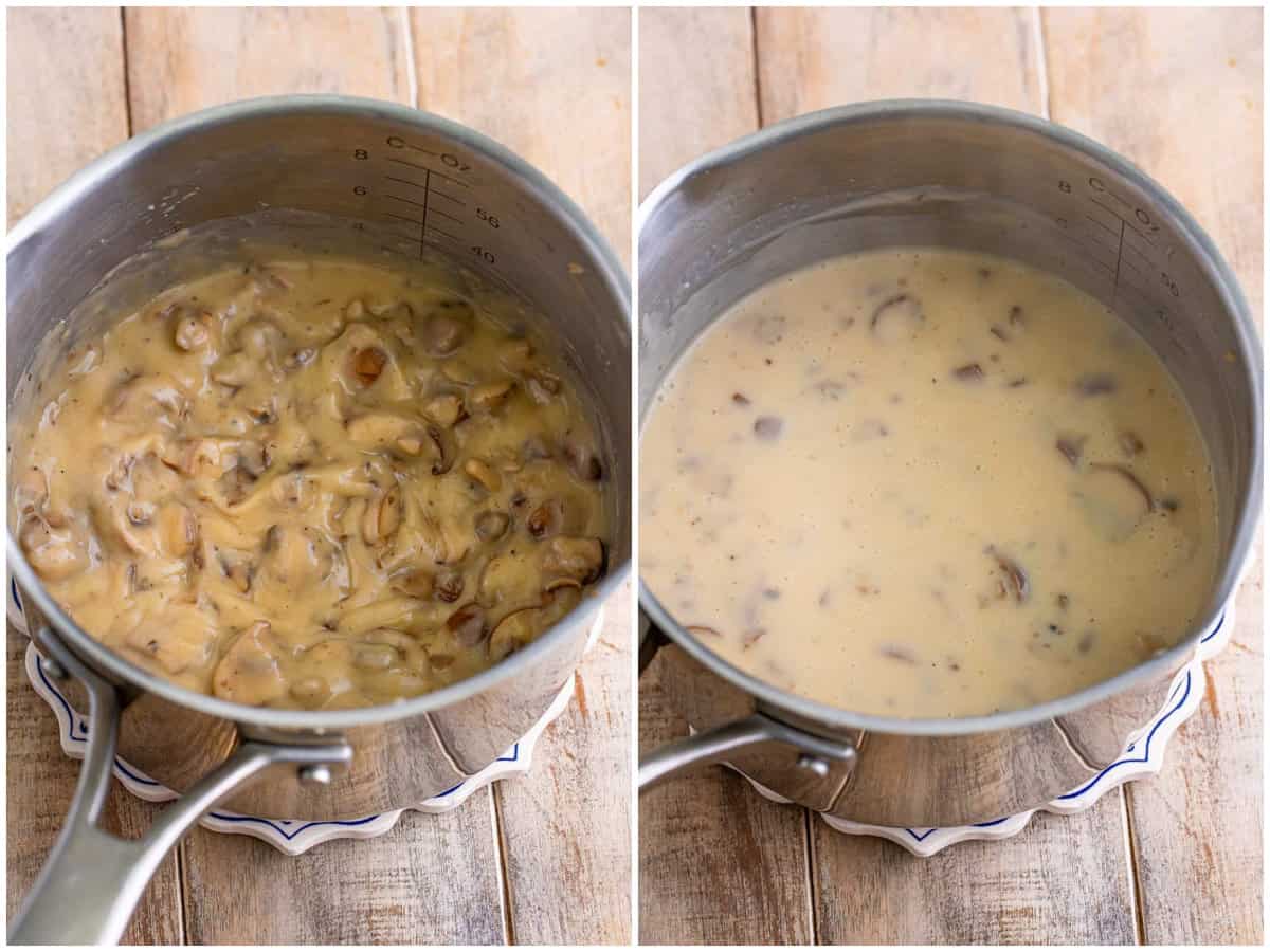 collage of two photos: mushrooms in pot after chicken broth has been added; milk added to the pot to make a creamy mixture. 