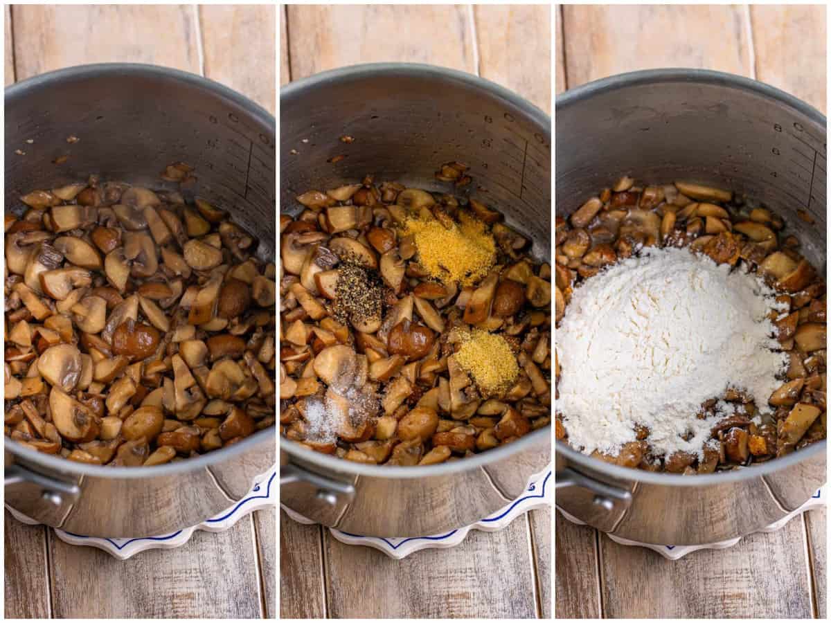 collage of three photos: butter coated mushrooms in a pot; garlic powder, pepper, onion powder, and salt added to mushrooms; flour added to mushrooms in pot. 