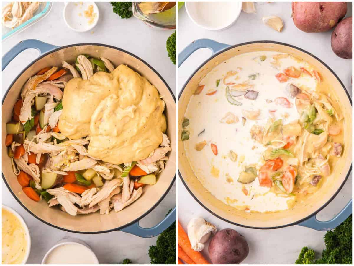 collage of two photos: cream of chicken soup added to the pot; heavy cream poured into pot with chicken and vegetables. 