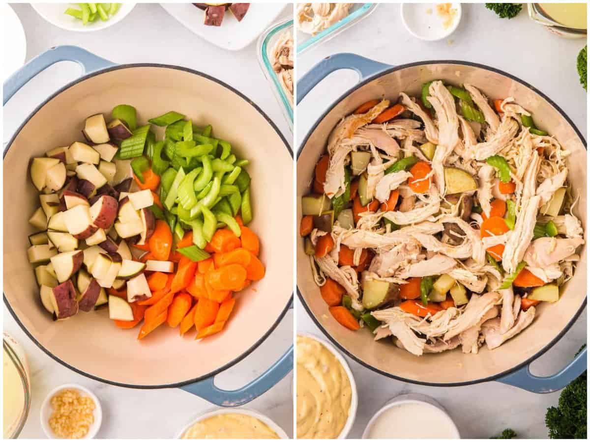 collage of two photos: A pot with diced carrots, celery, potatoes, and melted butter; shredded chicken added to the pot. 