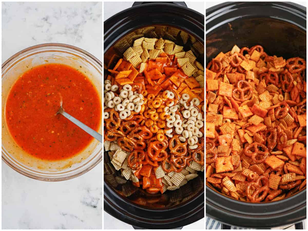 collage of three photos: a mixing bowl of melted butter, buffalo sauce and ranch seasoning; all the ingredients added to an oval slow cooker; chex mix all stirred together in the slow cooker. 