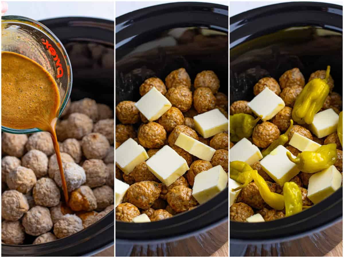 collage of three photos: gravy being poured over frozen meatballs in slow cooker, slices of butter added on top of meatballs; peperonicini peppers placed on top of meatballs. 