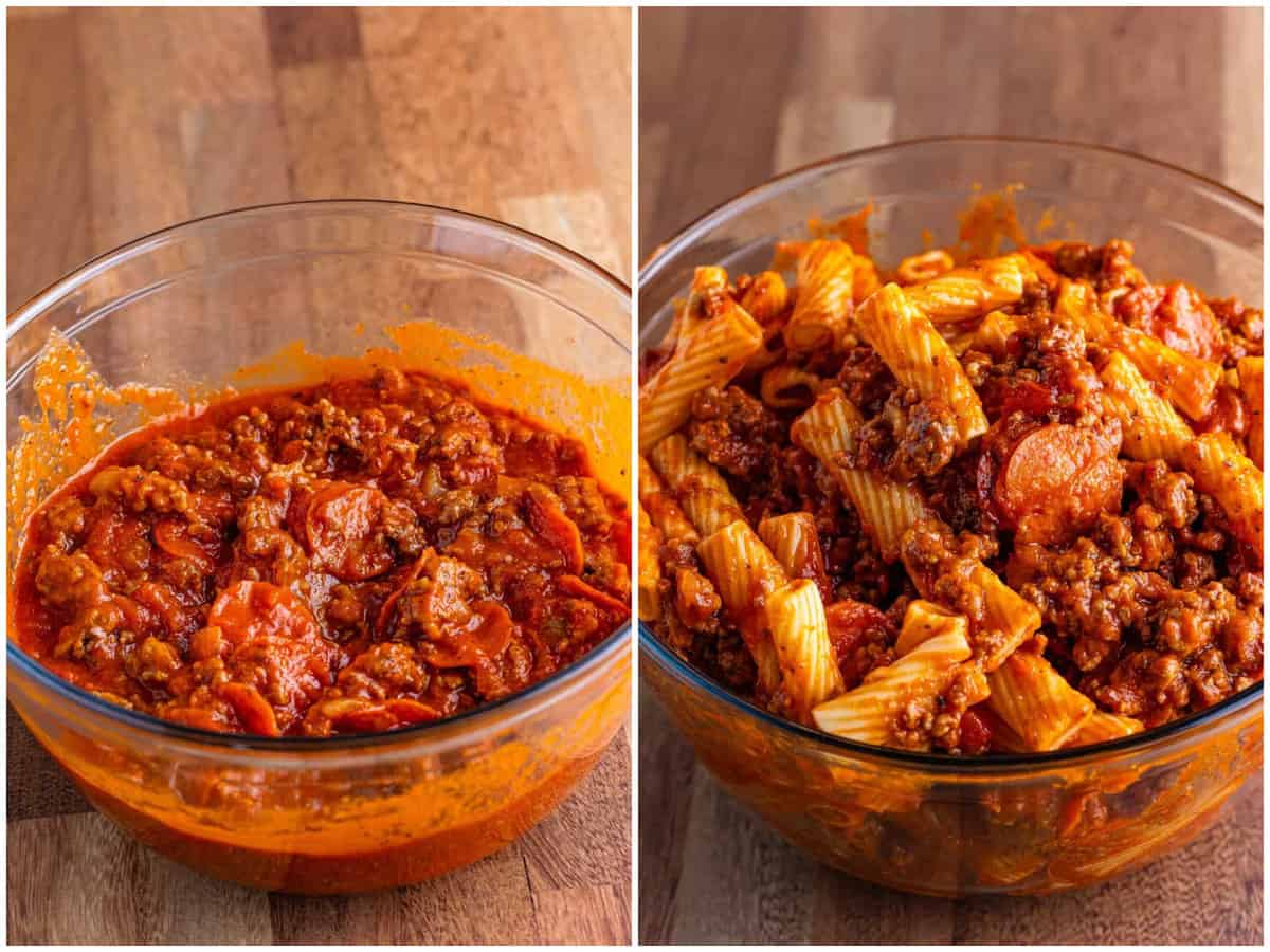 block of two photos: pizza sauce and ground beef in a bowl; pasta added to sauce mixture in bowl. 