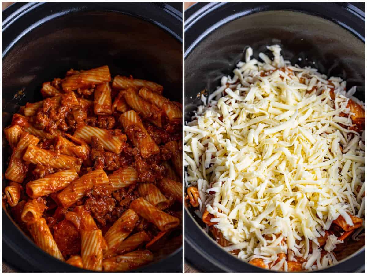 collage of two photos: half the pizza pasta mixture added to the bottom of the slow cooker; shredded mozzarella cheese layered on top of pasta. 
