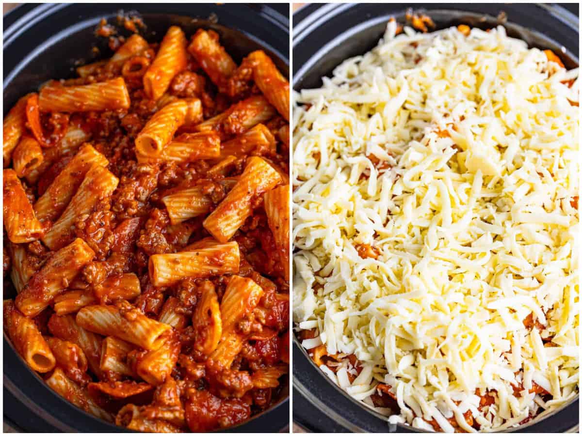 collage of two photos: rest of the pasta mixture layered on top; rest of the shredded mozzarella added on top.
