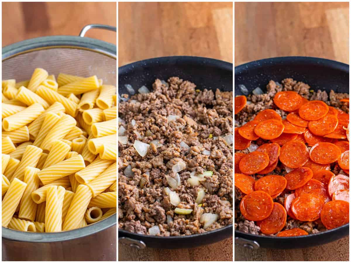 collage of three photos: cooked rigatoni pasta in a strainer; cooked ground beef and onion in a skillet; pepperoni added to skillet. 