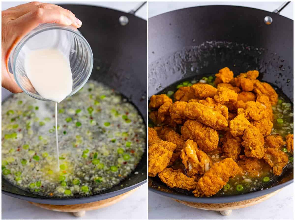 collage of two photos: pouring cornstarch slurry into wok; cooked popcorn chicken added into wok. 