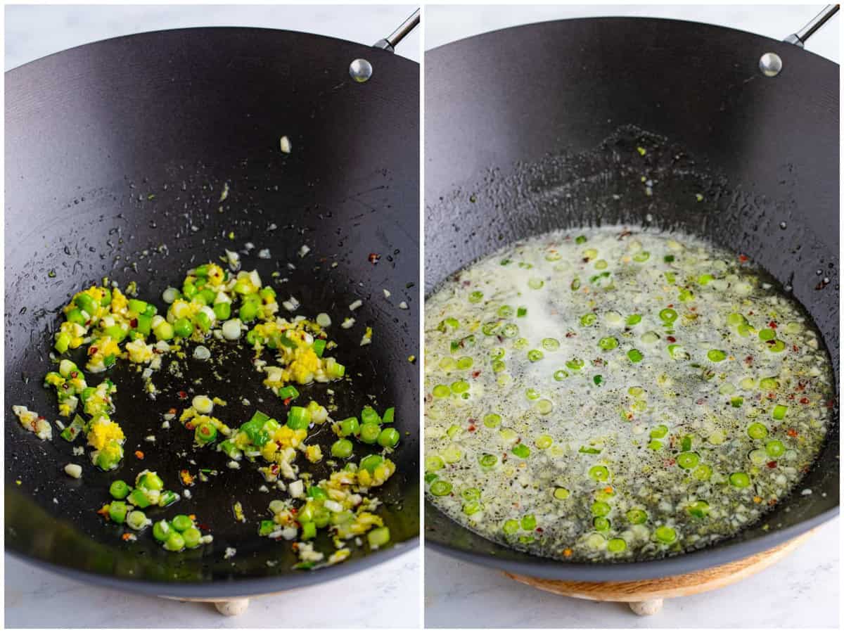 collage of two photos: A wok with green onion, garlic, ginger, and chili flakes; lemon juice, sugar and water added to wok. 