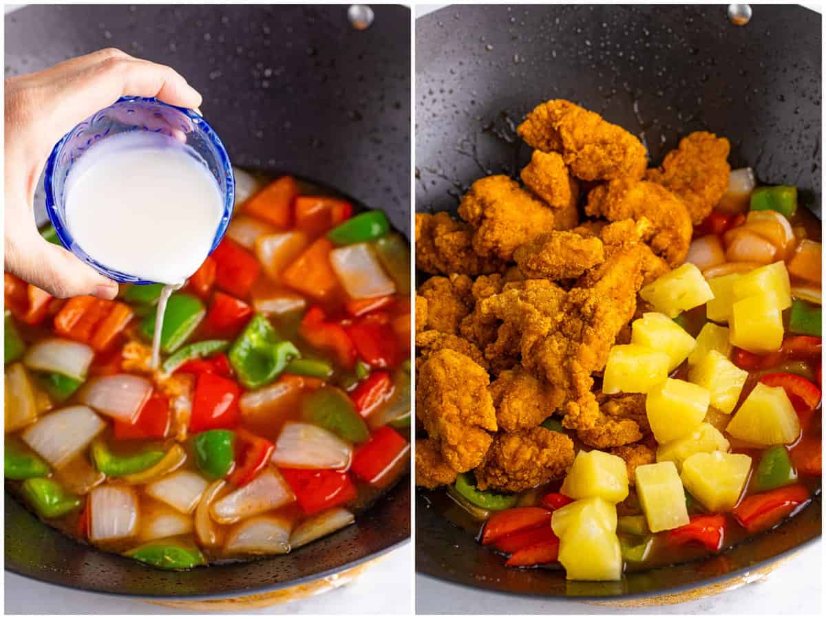collage of two photos: cornstarch slurry being poured into wok; cooked popcorn chicken and pineapple chunks added into mixture.