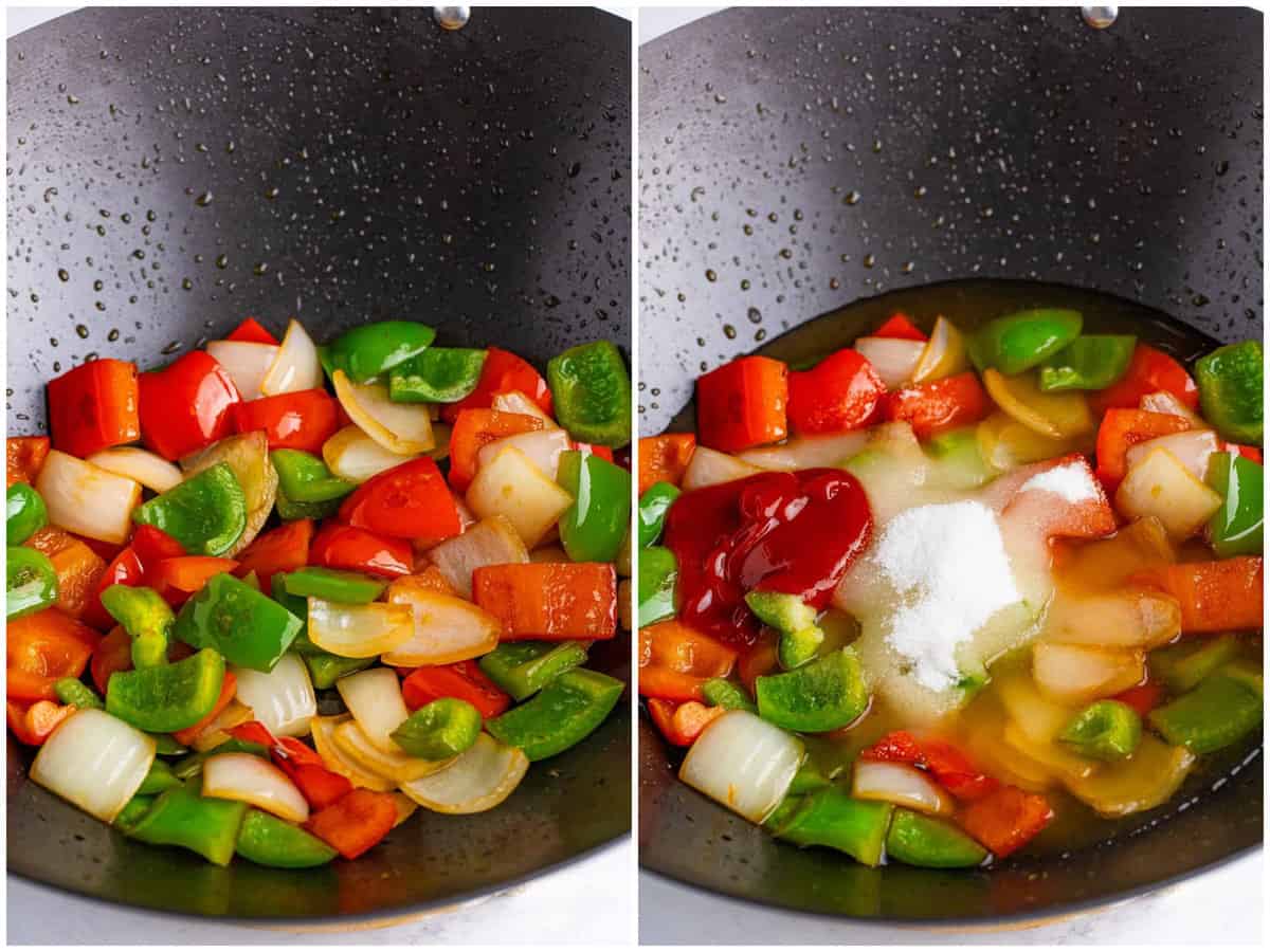 collage of two photos: diced green pepper, red pepper and onion in a wok with some oil; ketchup, sugar, water, pineapple juice and vinegar added to the pepper mixture in wok.