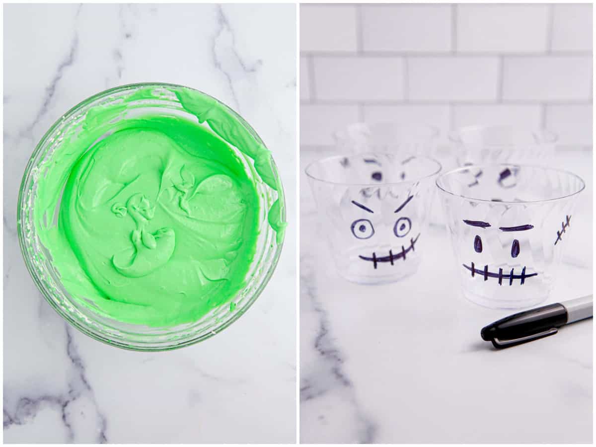 collage of two photos: green pudding in a mixing bowl; plastic cups with Frankenstein faces drawn on them with marker.