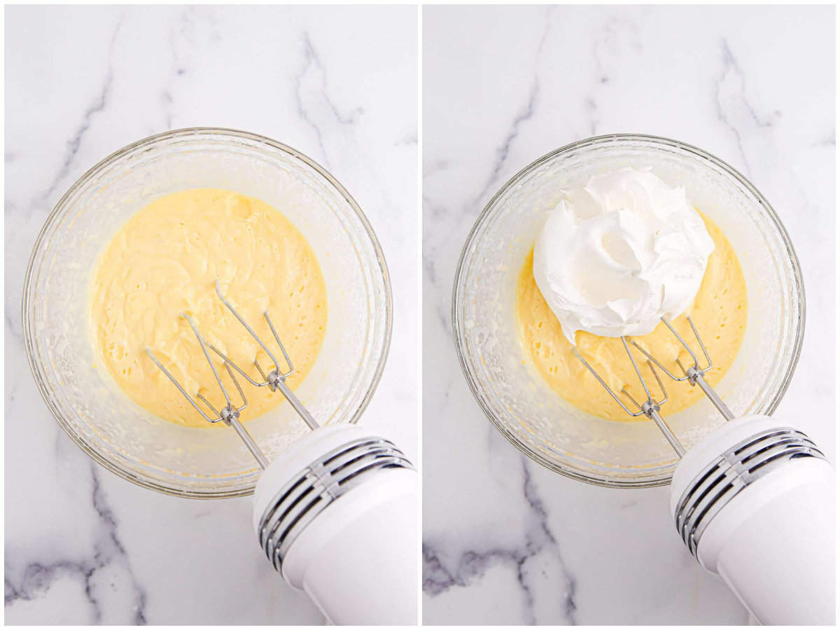 collage of two photos: electric mixer mixing vanilla pudding in a bowl; Cool Whip on top of pudding in a mixing bowl.