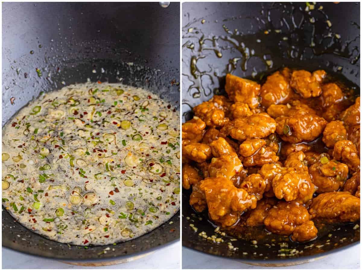 collage of two photos: cornstarch slurry added to mixture in wok; cooked popcorn chicken added into wok. 
