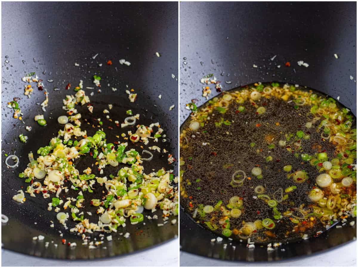 collage of two photos: A wok with garlic, green onions, and red pepper flakes; chicken stock, honey, soy sauce, and rice wine vinegar add to wok.