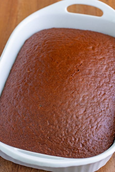 A fresh baked Devil's Food Chocolate cake in a baking dish.