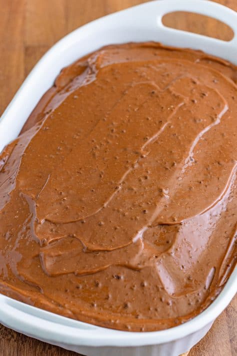 Chocolate pudding on a chocolate cake.