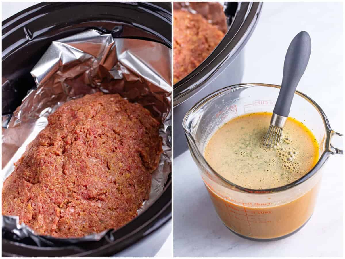 collage of two photos: an oval meatloaf mixture in a slow cooker lined with aluminum foil; a measuring cup of cold water, peperoncini juice, the remaining packets of au jus gravy mix and ranch seasoning.