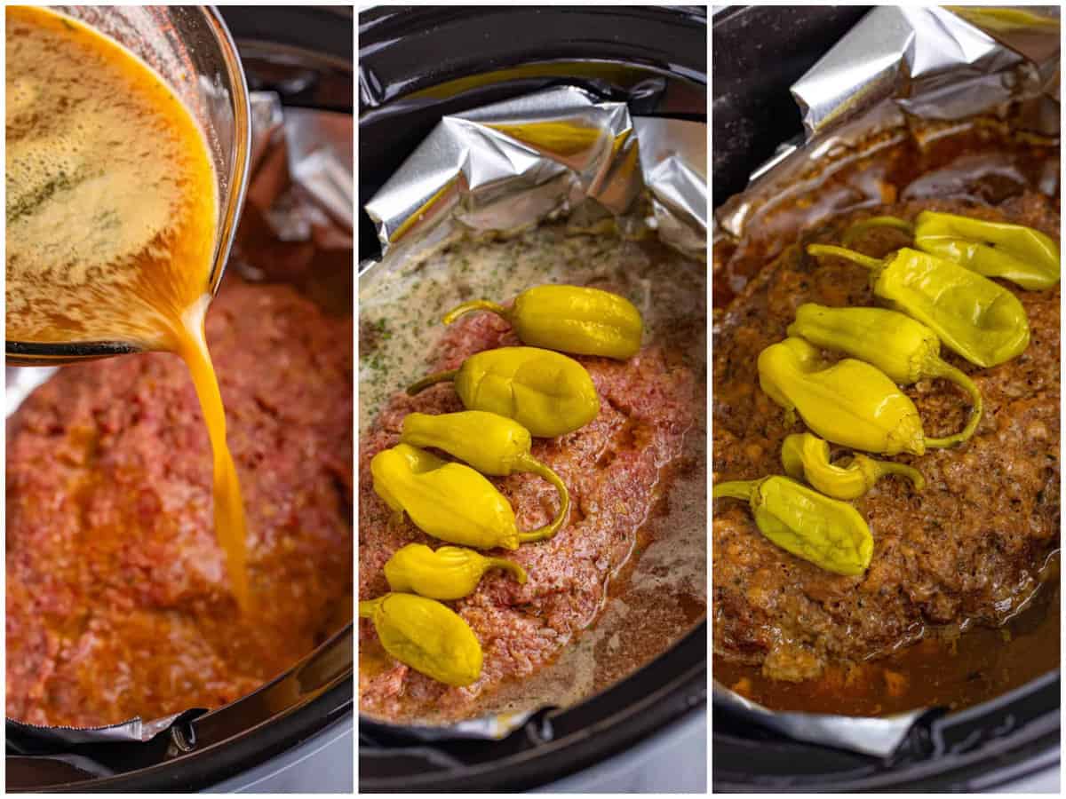 collage of three photos: pouring gravy over meatloaf in slow cooker; peperoncini peppers lined up on top of meatloaf before cooking; fully cooked meatloaf in slow cooker. 