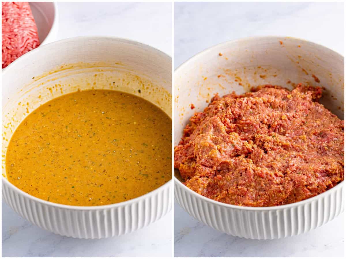 collage of two photos: gravy mixes, breadcrumbs, eggs and milk mixed together in a bowl; ground beef mixed in with the egg mixture in bowl. 