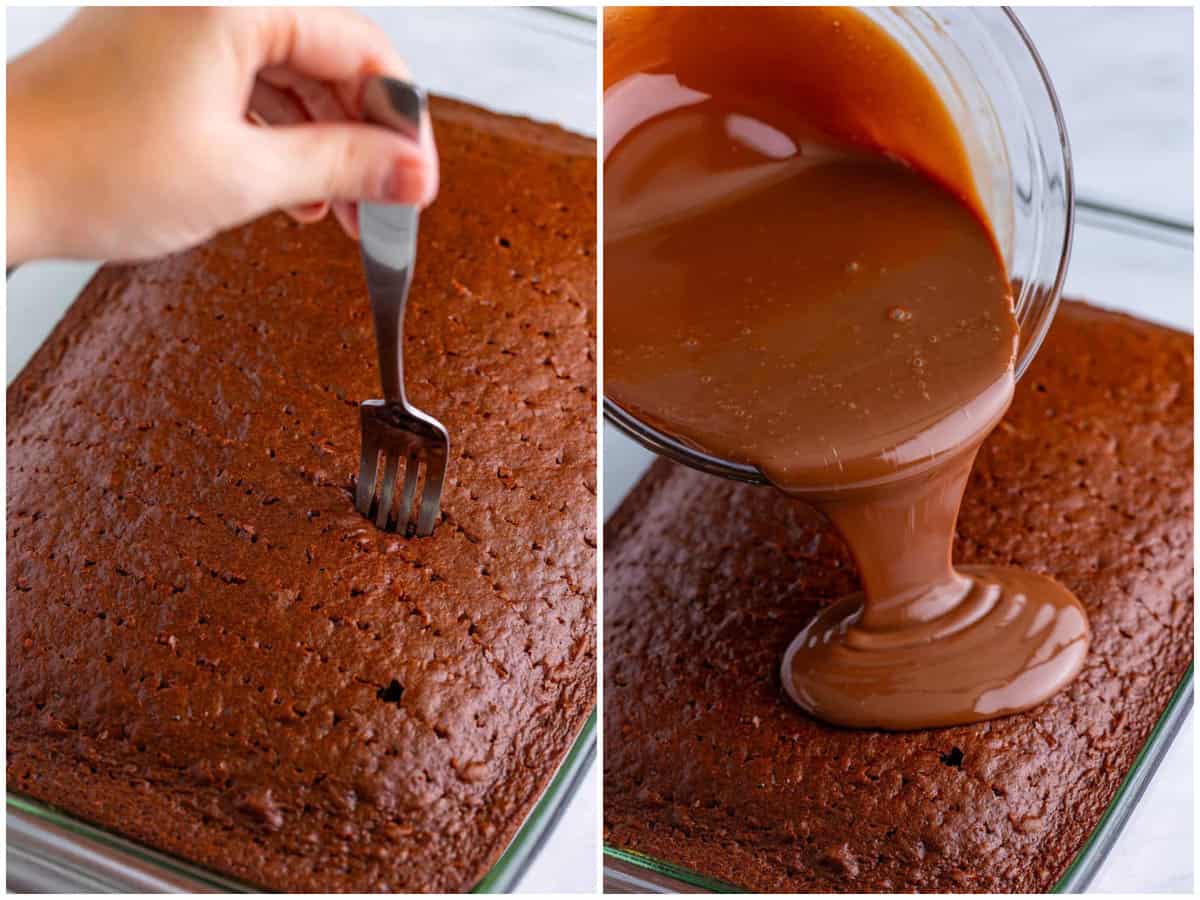 collage of two photos: a fork poking holes in a devils food chocolate cake; chocolate syrup mix being poured on top of cake. 