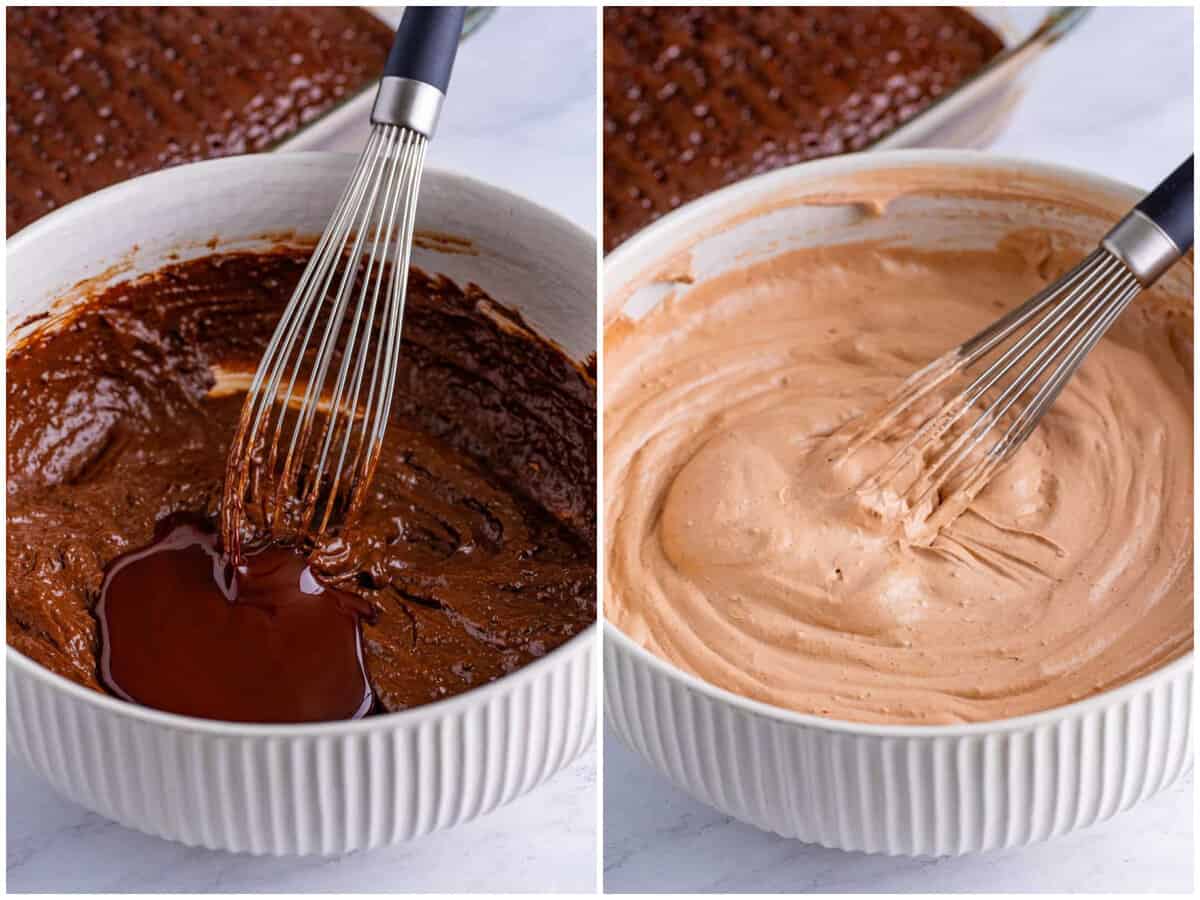 collage of two photos: pudding, milk and chocolate syrup being whisked in a bowl; whipped topping added to mixture in bowl. 