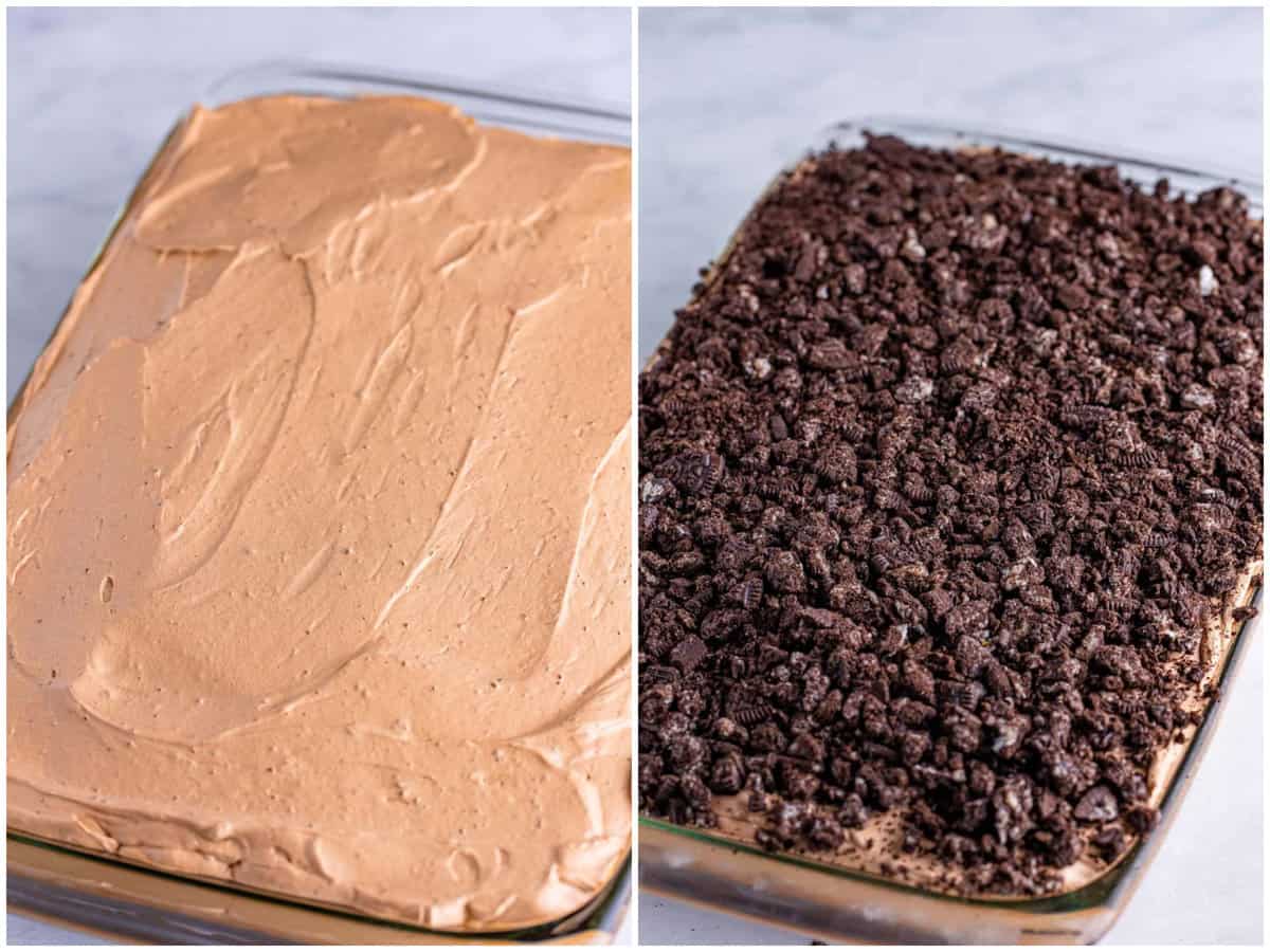 collage of two photos: chocolate whipped topping spread on top of cake; crushed Oreo cookies sprinkled evenly on top of cake. 