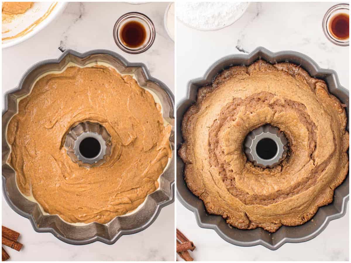 collage of two photos: cake batter poured into prepared bunt pan; burst cake shown fully baked and cooling. 
