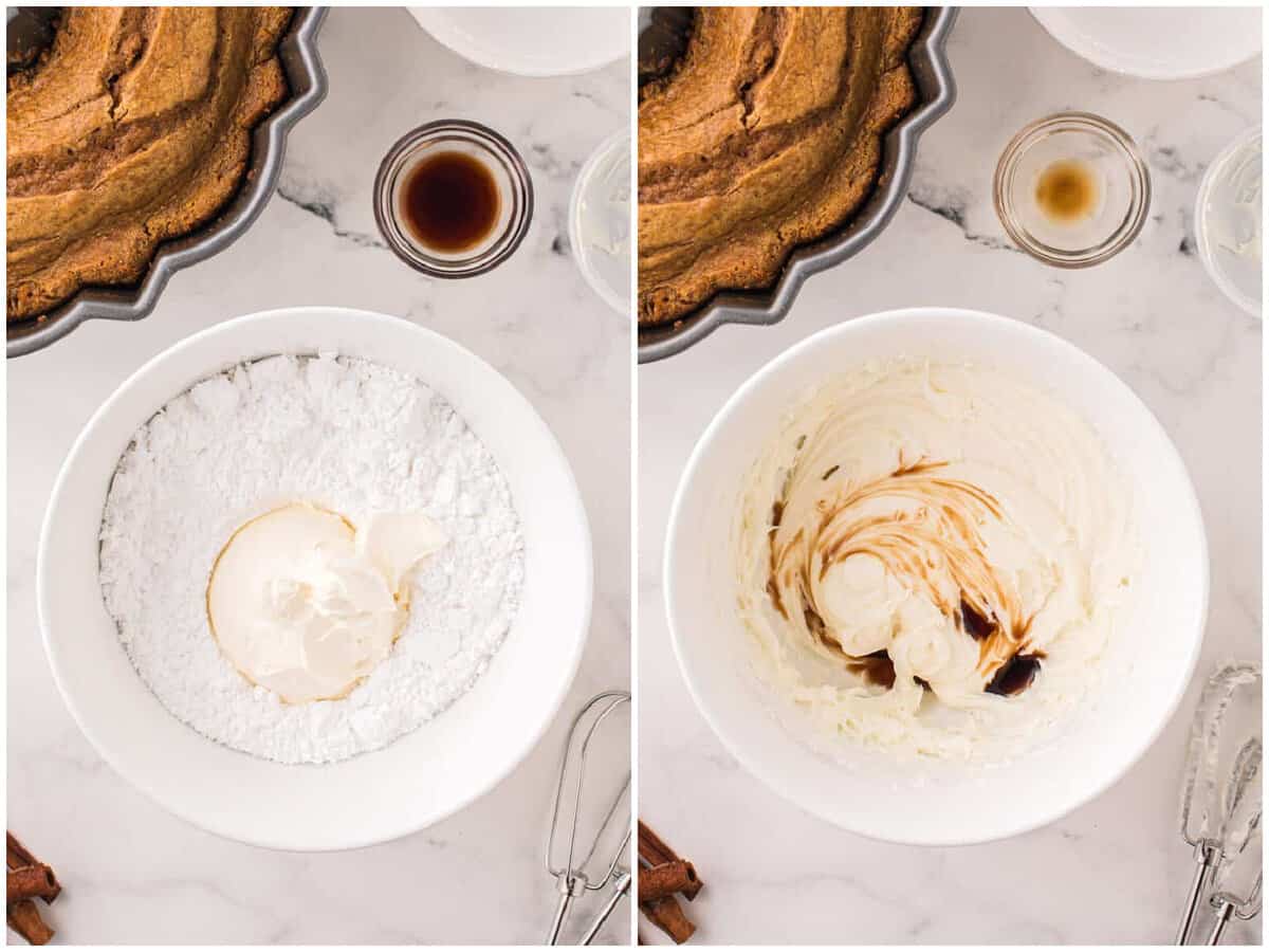 collage of two photos: cream cheese and powdered sugar in a bowl; vanilla extract and heavy cream added to the mixture. 