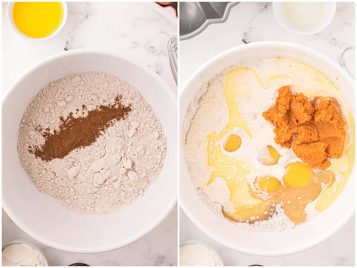 collage of two photos: cake mix and pumpkin pie spice in a bowl;  pumpkin spice, pumpkin puree, heavy cream, melted butter, and eggs added to cake mix in bowl.