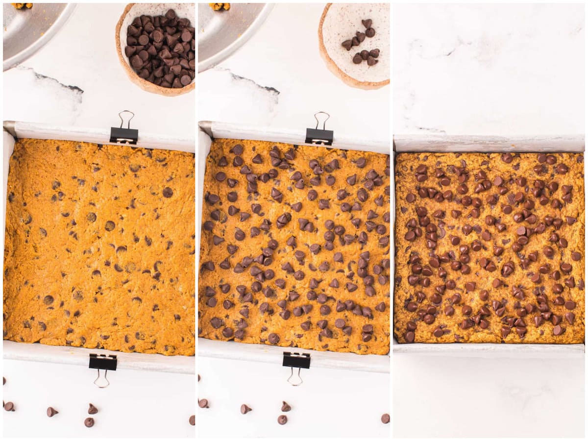collage of three photos: pumpkin chocolate chip bar dough pressed into baking dish; chocolate chips scattered on top of dough; finished pumpkin bars after baking in baking dish.