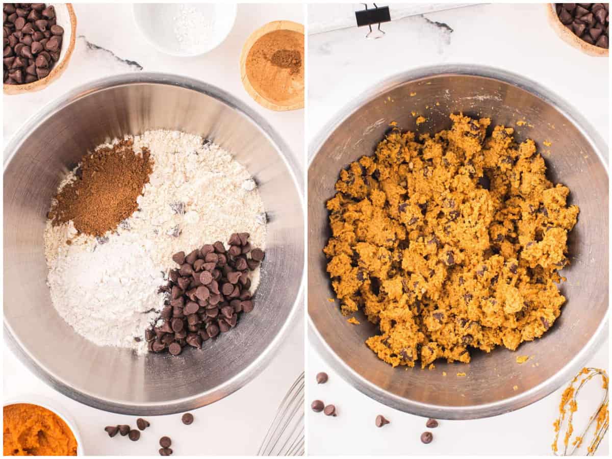 collage of two photos: a mixing bowl with chocolate chip cookie mix, chocolate chips, all-purpose flour, and pumpkin pie spice; pumpkin puree mixed into cookie dough batter mix.