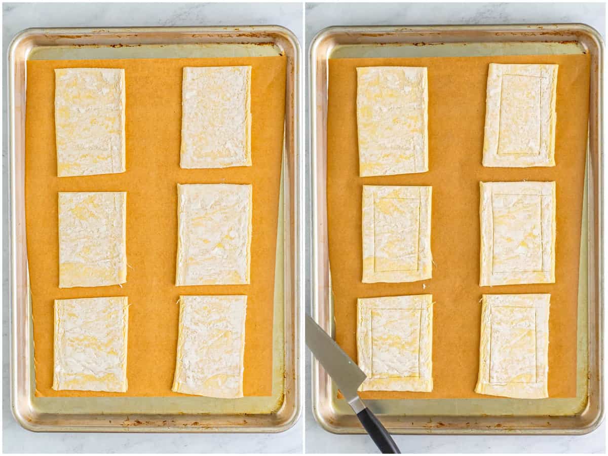 college of two photos: six puff pastry squares on a baking sheet; scored puff pastry sheets. 