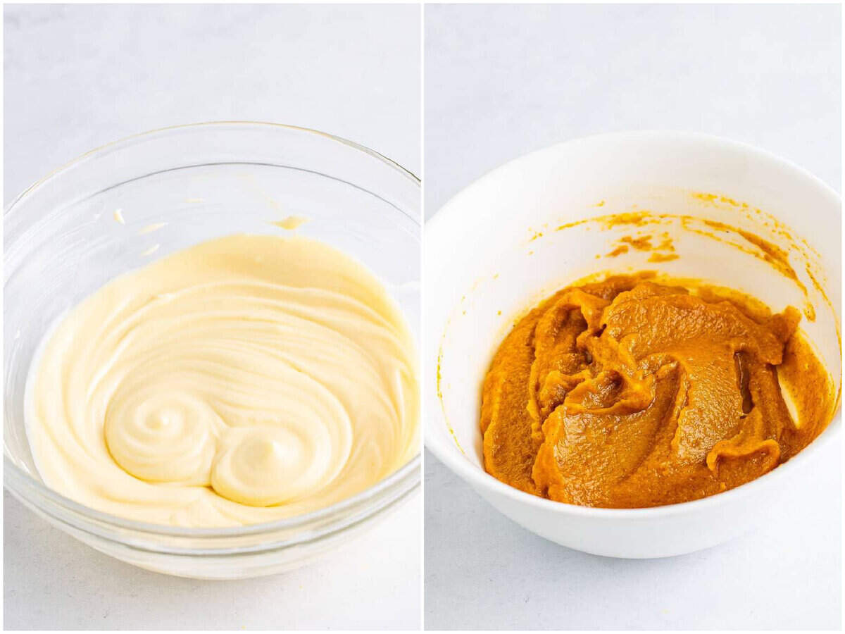 collage of tWO photos: cream cheese mixture in a small bowl; pumpkin mixture in another bowl.