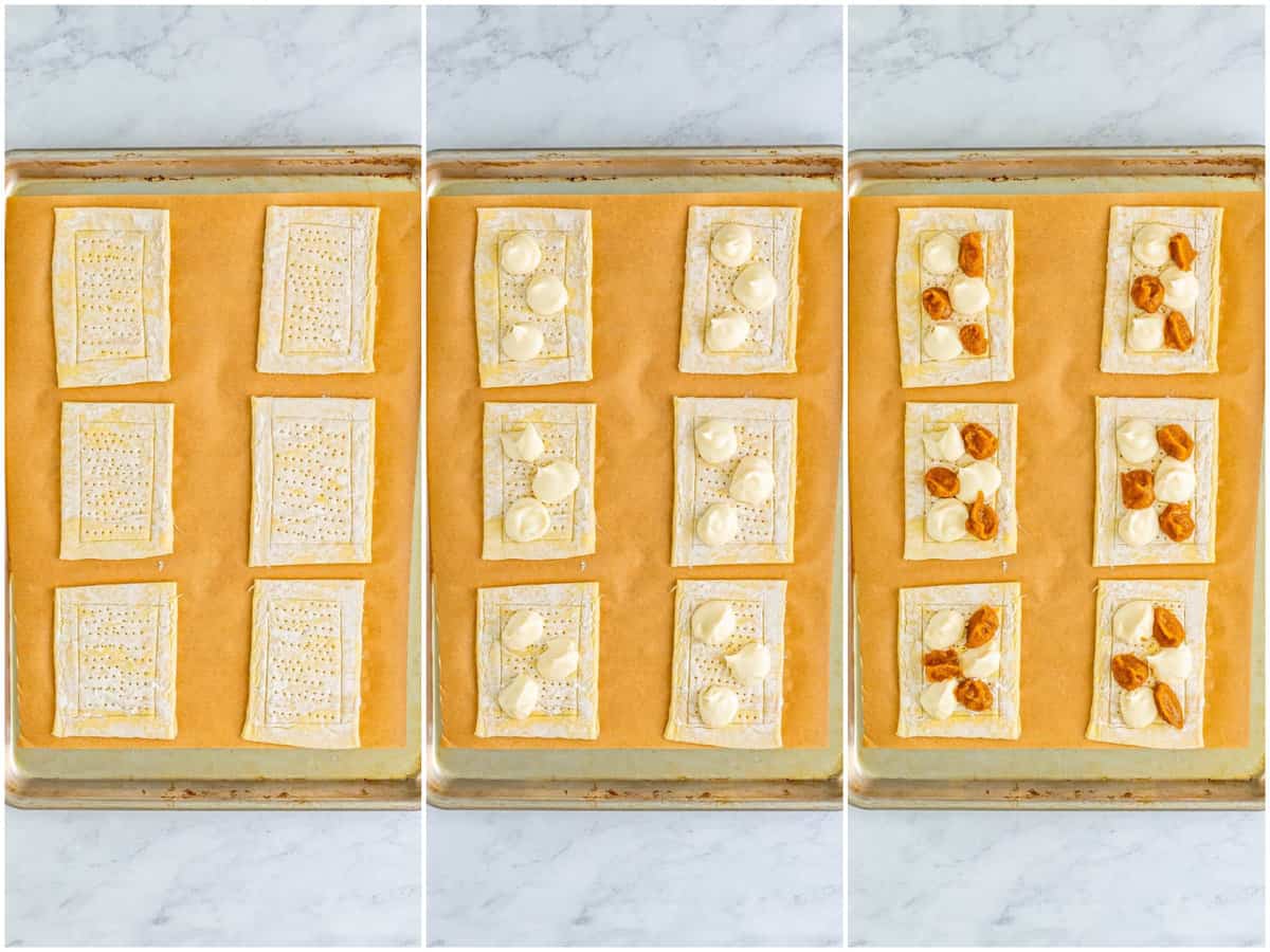 collage of three photos: fork holes poked into puff pastry sheets; cream cheese mixture dolloped onto each puff pastry; pumpkin mixture dolloped with the cream cheese dollops. 