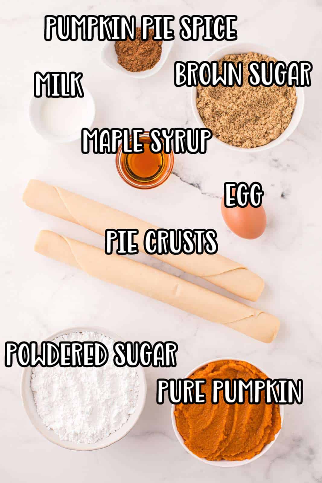 Refrigerated pie crusts, light brown sugar, pumpkin puree, egg, pumpkin spice, powdered sugar, milk, and pure maple syrup.