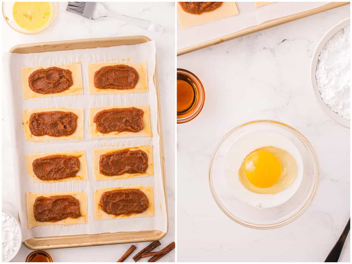 collage of two photos: parchment lined baking sheet with refrigerated pie crust cut into rectangles and pop tart pumpkin filling on top; egg and milk in a small bowl. 