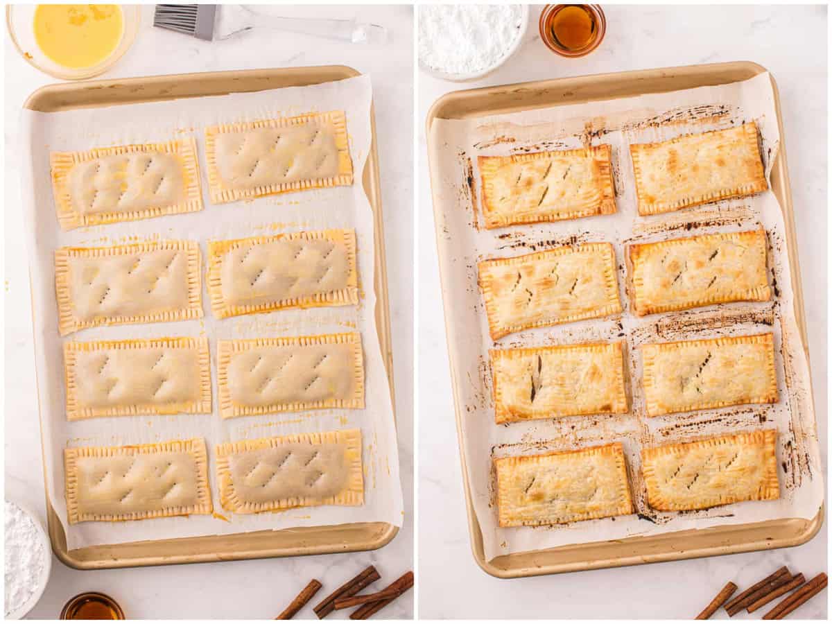 collage of two photos: unbaked homemade pumpkin pop tarts on a baking tray; fully baked pop tarts on a baking tray. 