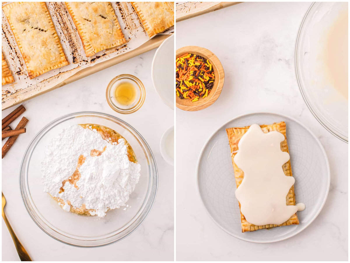 collage of two photos: a mixing bowl of powdered sugar and maple syrup; maple syrup glaze shown drizzled over one of the pop tarts. 