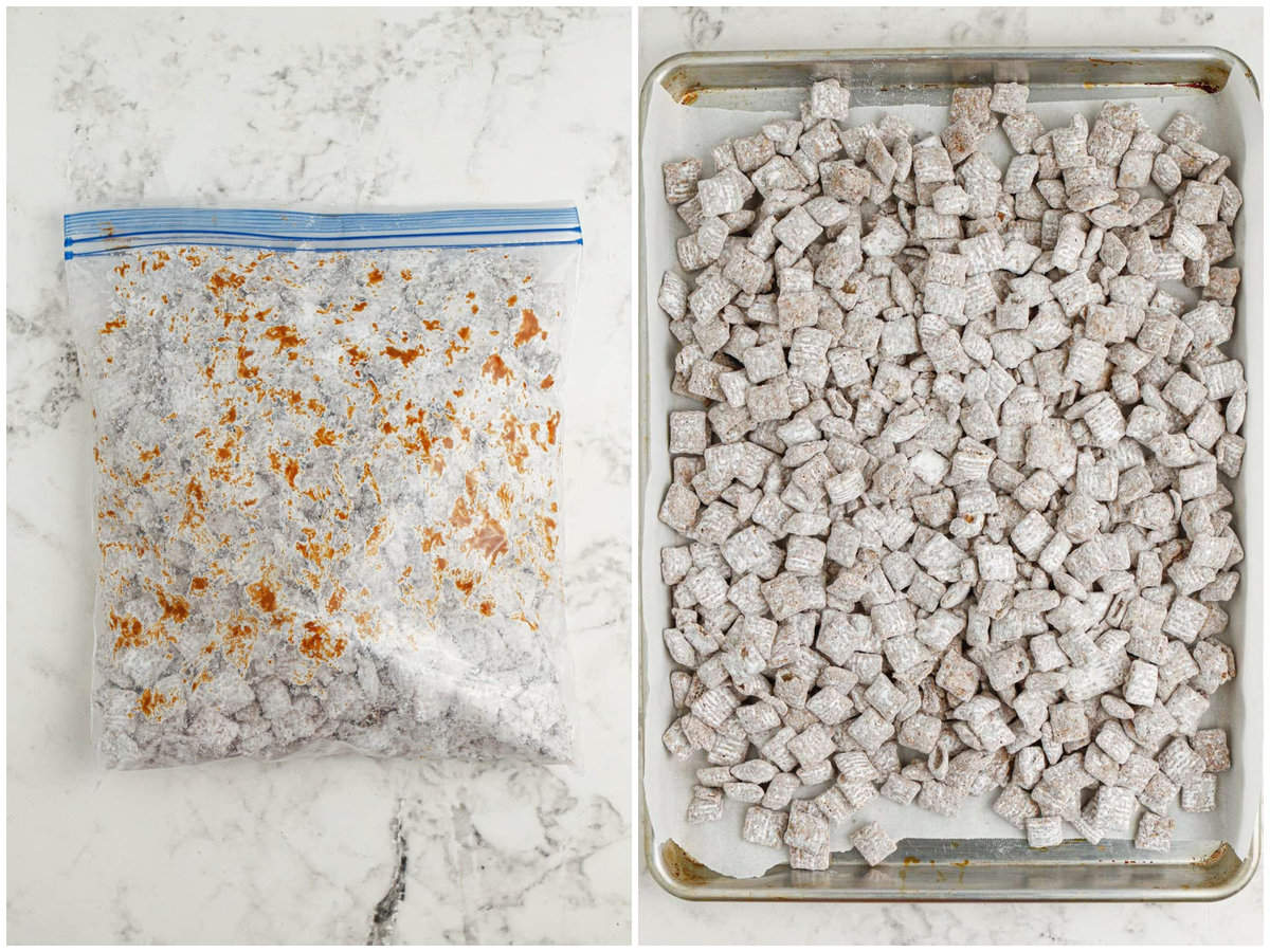 collage of two photos: A ziploc bag with powdered sugar and chocolate coated cereal; puppy chow spread out on a large baking sheet. 