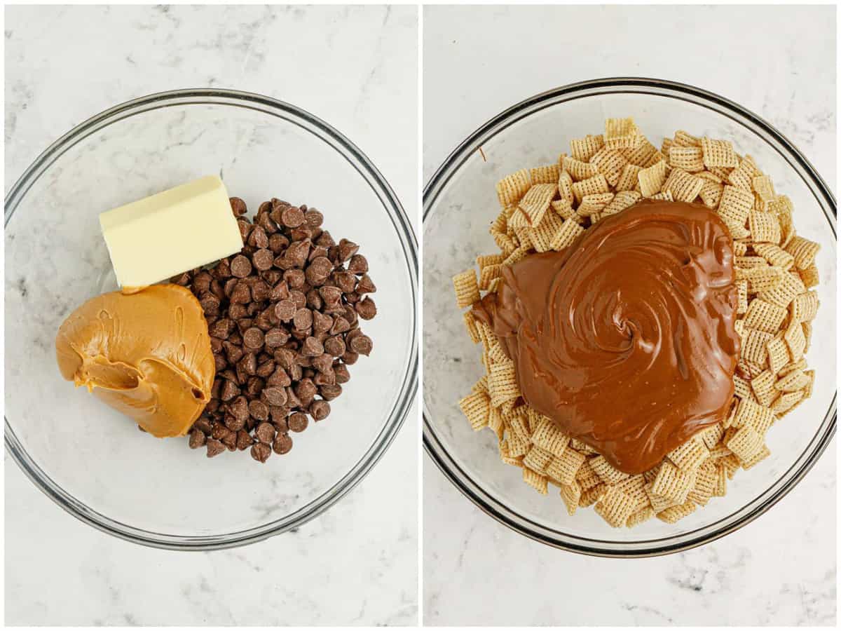 collage of two photos: A mixing bowl with chocolate chips, peanut butter, and butter.