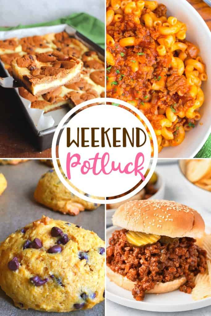 Weekend Potluck featured recipes: Old-Fashioned Sloppy Joes, Homemade Beefaroni, Chocolate Chip Cheesecake Bars, Soft Batch Pumpkin Chocolate Chip Cookies!
