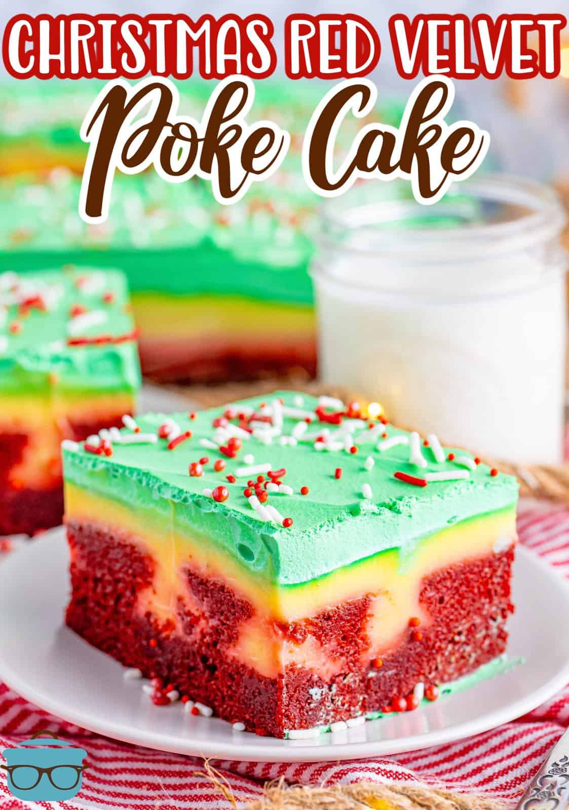 Some Christmas Red Velvet Jello Poke Cake on a plate.