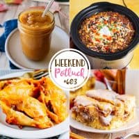 Weekend Potluck featured recipes: Pumpkin Butter, Slow Cooker Mexican Casserole, Mexican Stuffed Shells and Cinnamon Roll Cake.