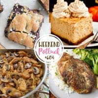Weekend Potluck featured recipes: Salted Caramel Chocolate Chip Bars, Texas Roadhouse, Pumpkin Cheesecake and Chicken and Mushroom Rice.