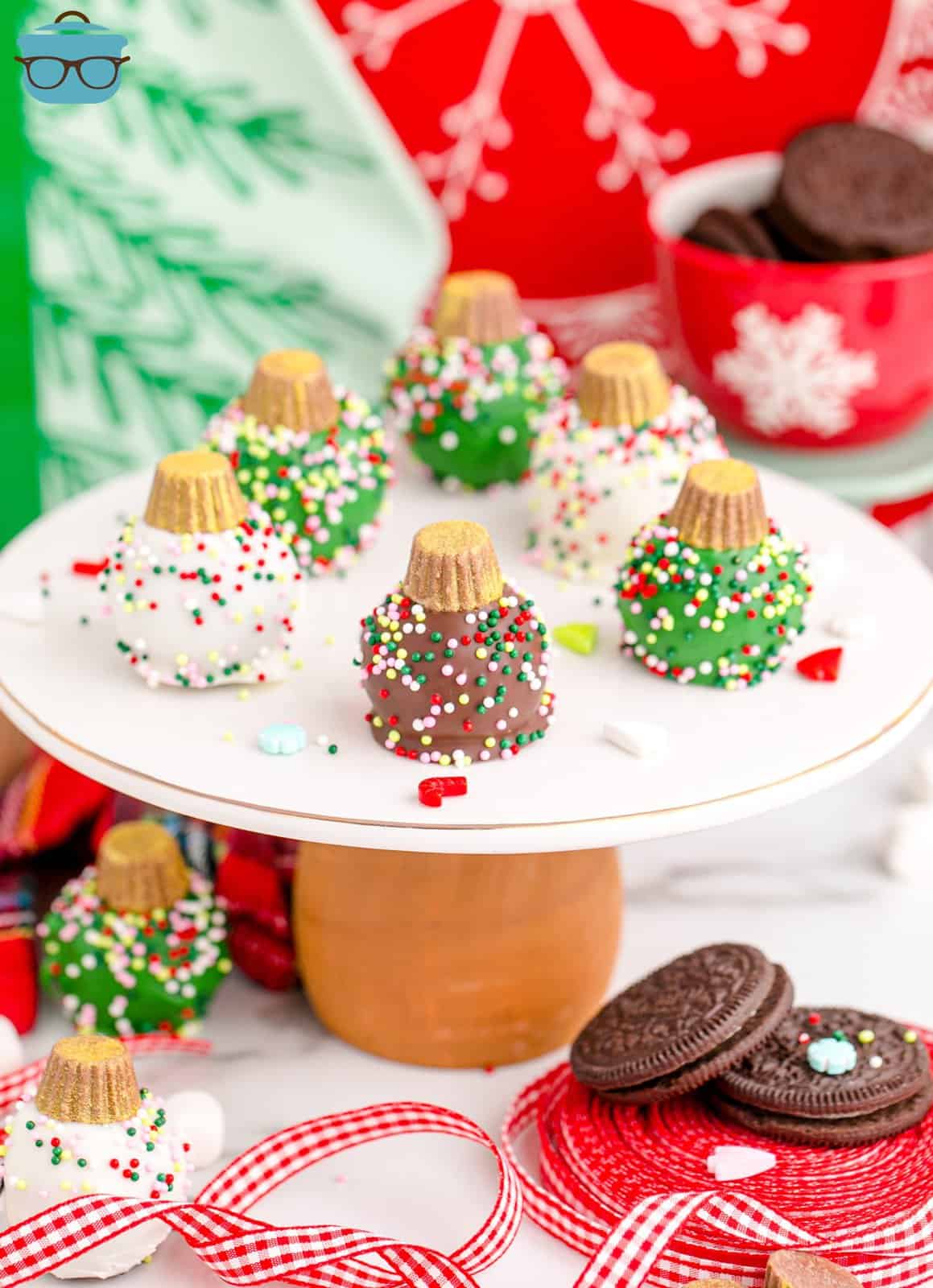 A stand with a few Christmas Ornament Cookie Balls. 