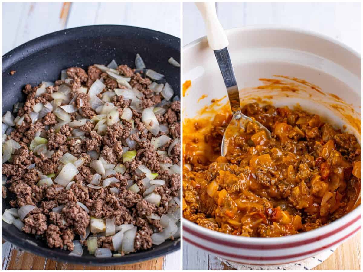collage of two photos: ground beef and onion in a skillet; a bowl with ground beef, onion, salt, pepper, Worcestershire sauce, bacon, cheddar soup, ketchup, and mustard.