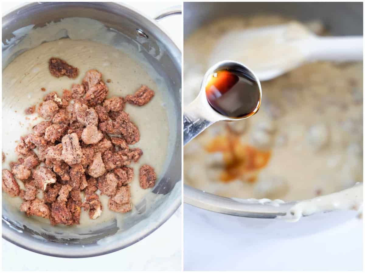 collage of two photos: candied pecans added to fudge batter; pouring vanilla extract into fudge batter. 