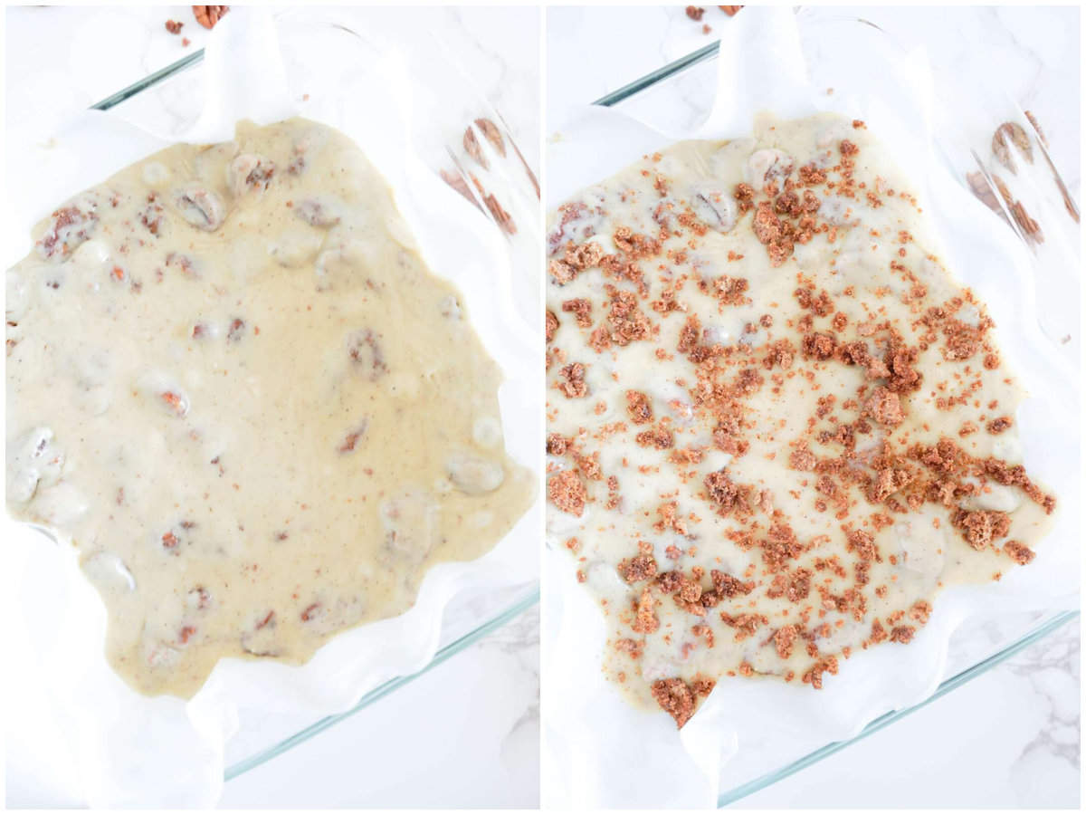 collage of two photos: candied pecan fudge batter poured into parchment paper lined dish; crushed candied pecans sprinkled on top of the fudge.