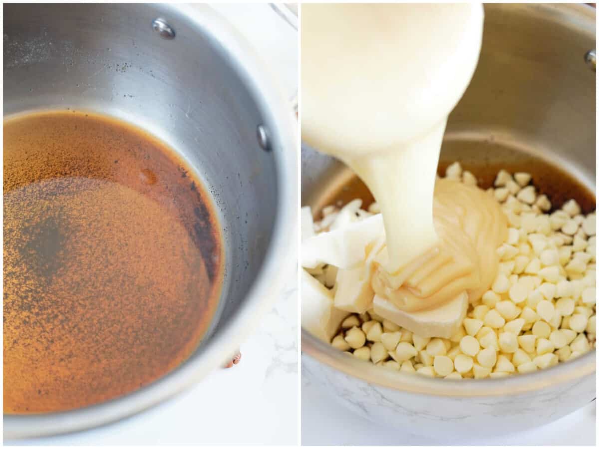 collage of two photos: browned butter in a saucepan; white chocolate chips, almond bark and sweetened condensed milk poured into the saucepan.